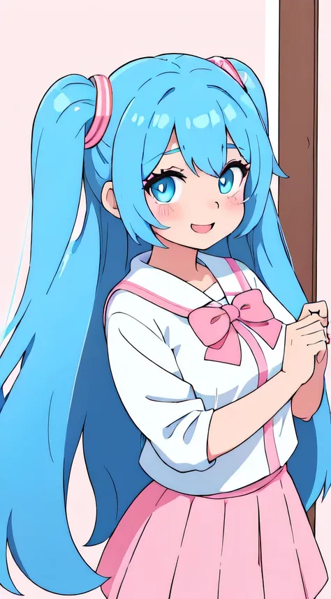 "A detailed anime-style girl inspired by Miku, with long, vibrant blue hair with light highlights. Her hair is straight with soft curls at the ends, framing her face gently. She has large, round, and bright eyes with a tender and cheerful expression. The c...