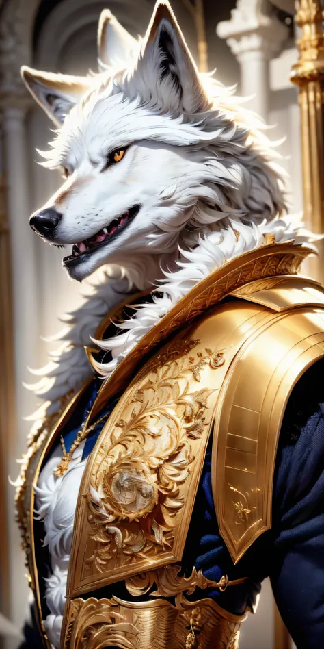 best quality, masterpiece,white wolf, gold eyes,white clothes, looking up, detailed fur, 8k, best quality, hd, highlight.