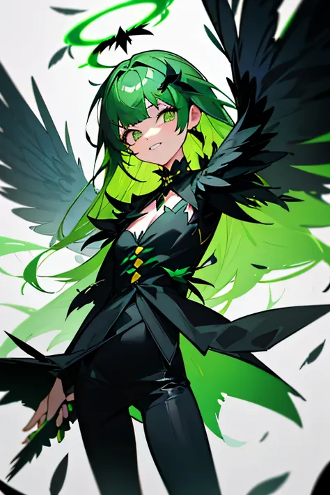 Vector art、Green Hair、cutefallen Angel Costume、((fallen Angel)),Tattered Black Feather,Black feather hairpin,((Slanted Eyes)),teeth,cute,Black feathers scattered,Beautiful background、Black halo on head,Stylish clothing