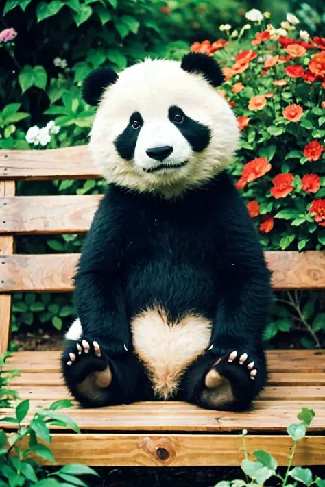 bestquality,masterpiece,high resolusion,8k photo,panda sitting on a bench in a garden, color photograph by evelyn ness, flicker,...