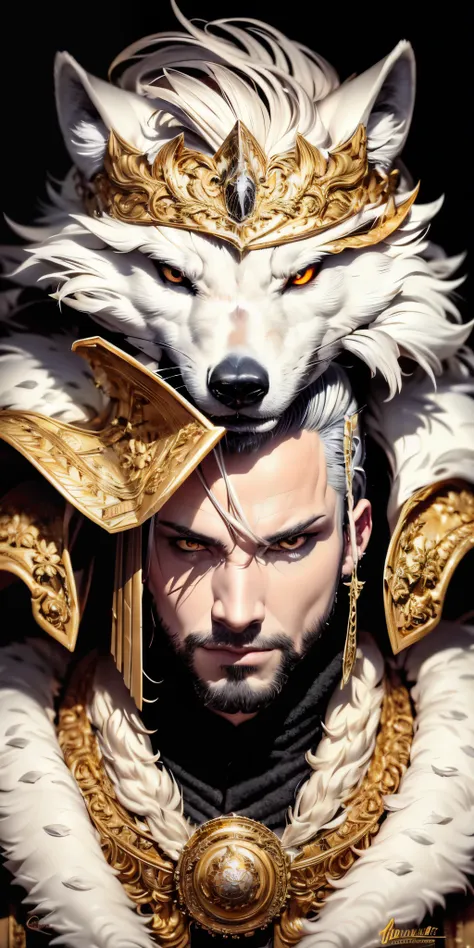 best quality, masterpiece, a portrait of white wolf, gold eyes,white clothes, royal clothes, menacing, detailed fur, 8k, hd, hig...