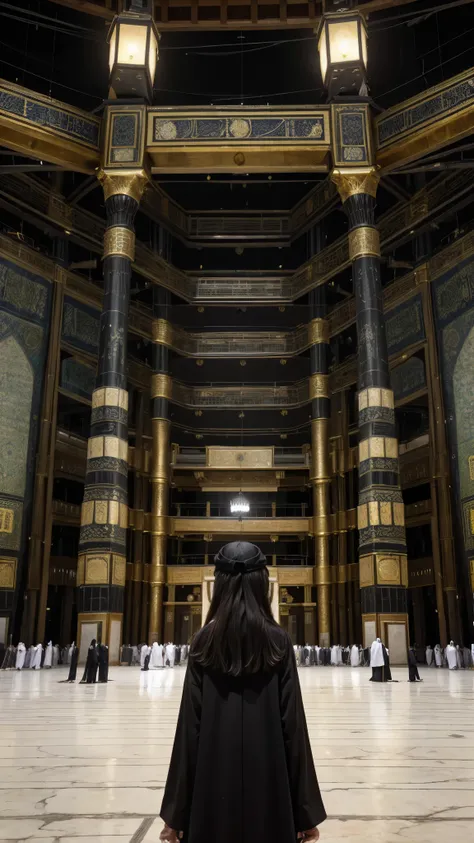 "A girl stands calmly in front of the Kabah, a black cubic structure located in the center of Masjid al-Haram. The girl is likely wearing ihram if she is performing Hajj or Umrah. Surrounding her are many other pilgrims who are also engaged in worship, cre...