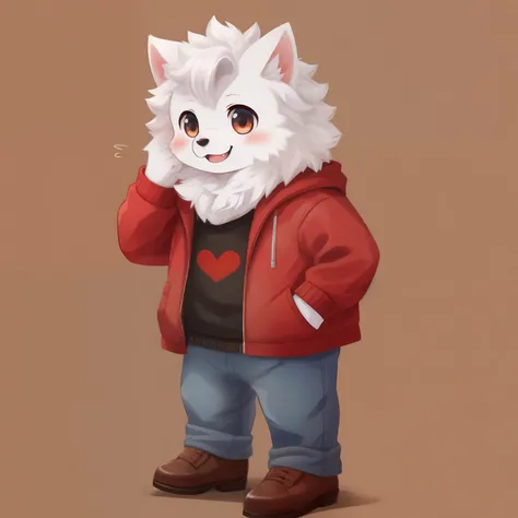 Portrait of a cute smiling Samoyed with pointed hair standing up, boy, blush, Red Jacket, jeans, brown shoes,