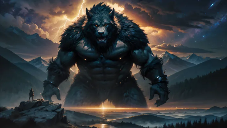 epic photorealistic cinematic and highly detailed fantasy art of a giant mountain beastman, in a very wide panoramic valley, the dynamic scene takes place under a lightening storm in howling windswept torrents of rain, at sunset with starry sky and majesti...