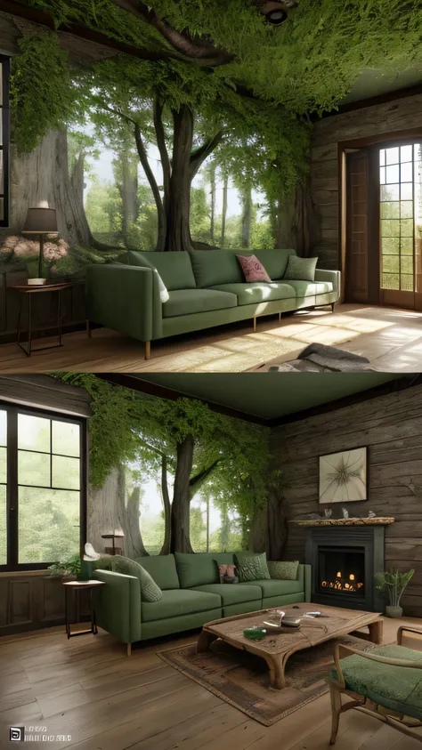 living room carved out of a tree trunk, wall is blooming trees, tree has green leaf and some flowers, brunches are growing 3D dimentional,Branches are growing all over the space.imagination art, 8K HDK octane rendering, realistic, a detailed matte painting...