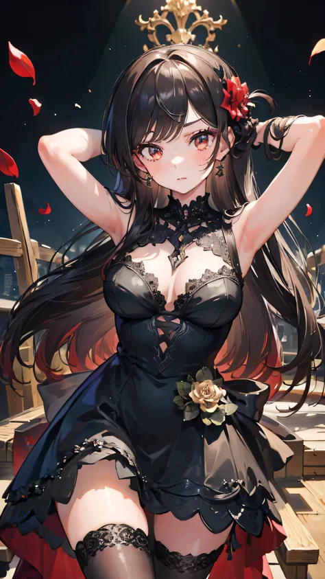 (masterpiece, Highest quality, Very detailed:1.3), One girl, Put your arms behind your head, (smile:0.5) Edge Petal, Woman in a black dress made of flower petals, wearing Edge Petal, Large Breasts