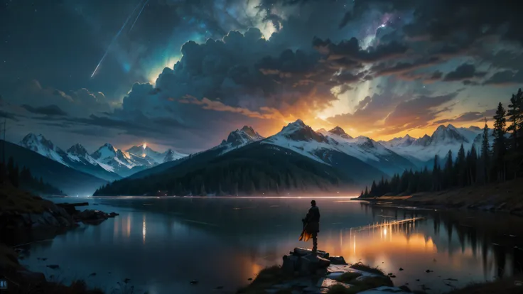 epic photorealistic cinematic and highly detailed fantasy art of a giant wild mountain man drinking from a lake in a very wide panoramic valley, the dynamic scene takes place under a lightening storm in howling windswept torrents of rain, at sunset with st...