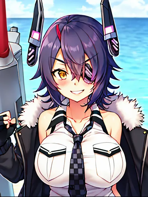 best quality, masterpiece, solo, {tenryuu_kantaicollection:1.15}, teen_girl, eyepatch, short_hair, purple_hair, yellow_eyes, headgear, breasts, necktie, big_breasts, smile, 1girl, blush, checkered_necktie, hair_over_one_eye, shirt, portrait, white_shirt, j...