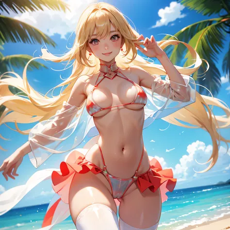 transparent clear vinyl bikini, thigh gap, cute, blonde, red eyes, shy smile, cameltoe,nipple