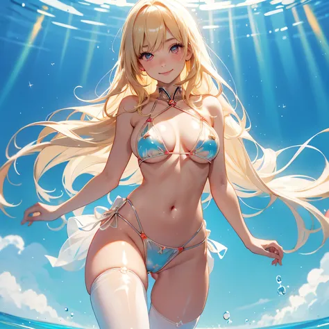 transparent clear vinyl bikini, thigh gap, cute, blonde, red eyes, shy smile, cameltoe,nipple