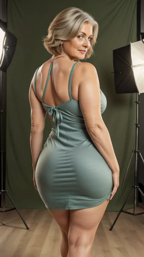 1 mature woman, Age 60, alone, Medium Casual Hair, bob hair, attractive body, looking at viewer, gray hair, bare shoulders, brown eyes, like a jewel, whole body, necklace, off shoulder, (Wearing a green tie tube dress with an elegant pattern), distant phot...