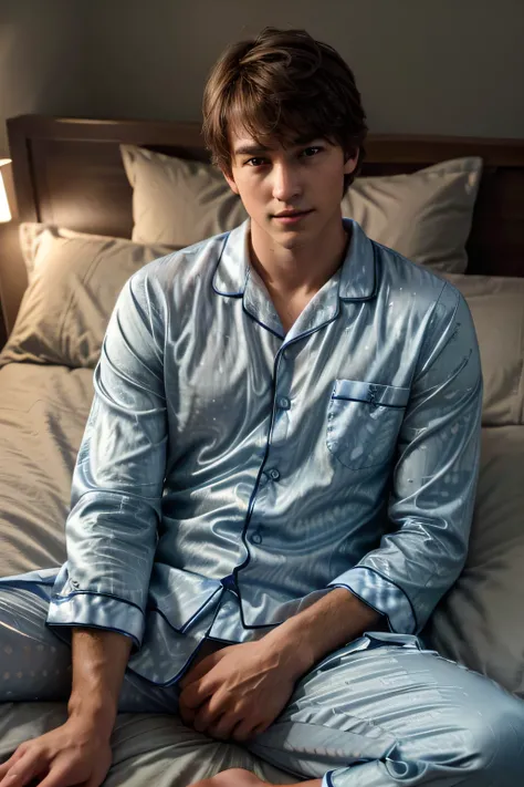 A boy lying in bed in pajamas, extremely detailed face and features, blue satin pajamas, polka dot pajamas, shirt buttoned up, long pajama pants, night time scene, lying back on soft pillows, best quality, ultra-detailed, extremely realistic, vivid colors,...