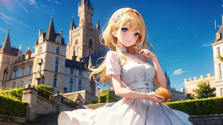 Young French woman, gorgeous dress, blonde hair, bread in one hand, in a gorgeous castle in the background,smile