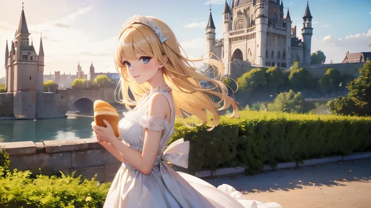 Young French woman, gorgeous dress, blonde hair, bread in one hand, in a gorgeous castle in the background,