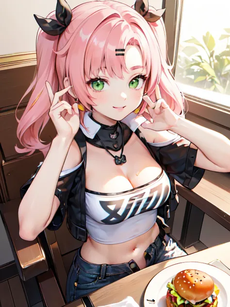 Highly detailed CG, High resolution, Highest quality, masterpiece,((ice coffee on the table in the cafe)),((((extreme close up of a hamburger)))),(1 woman,20 years old,(((sitting on the chair))),(showing a hamburger with happy smile,Holding the plate with ...