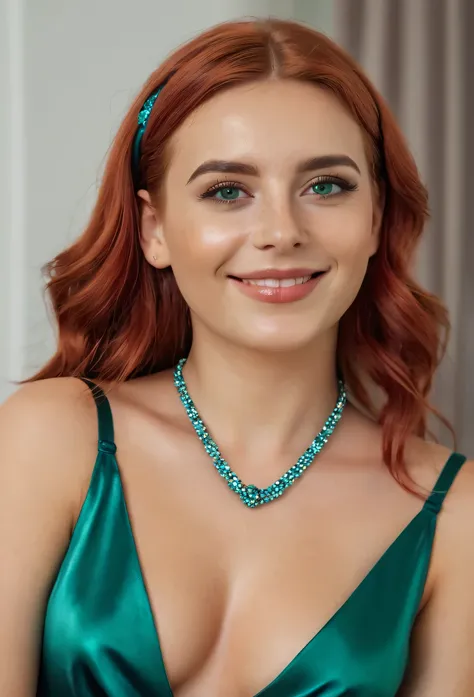 a beautiful young Spanish woman with long red hair, wearing a shiny blue satin sheath dress with straps, hairband, necklace, look into the camera, Wait for it, to be kissed, happy smiling facial expression, perfect green eyes, extremely detailed skin, Trai...