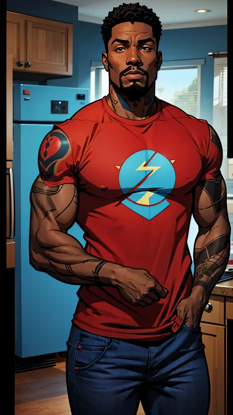 A man , black man. dark skin, curvy hair, red shirt and blue pants, tattoos on his arms.  Comic style 