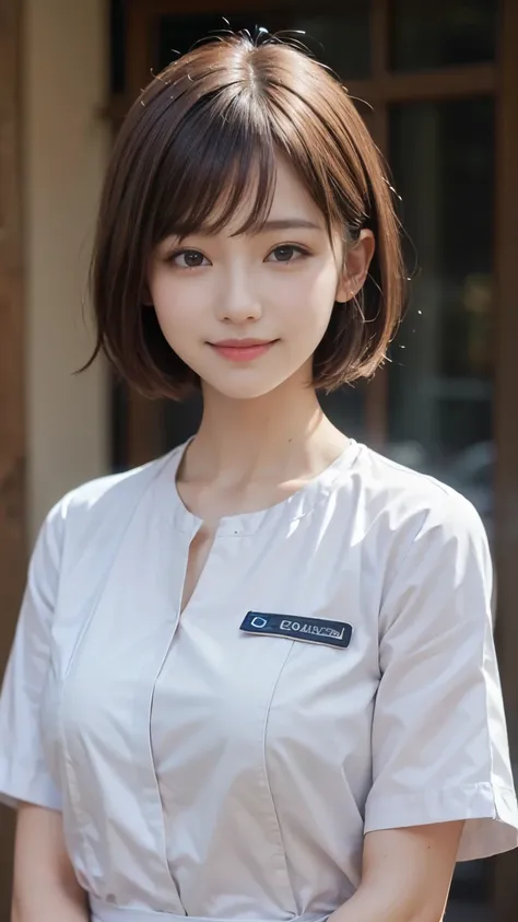 ((Highest quality、masterpiece、High resolution))、(((Zoom photo of upper body)))、(A shy smile:1.2)、One person female、Beautiful Skin、Beautiful Eyes、Large Breasts、Nurse uniform、Brown Hair、Shorn bangs、Short Bob