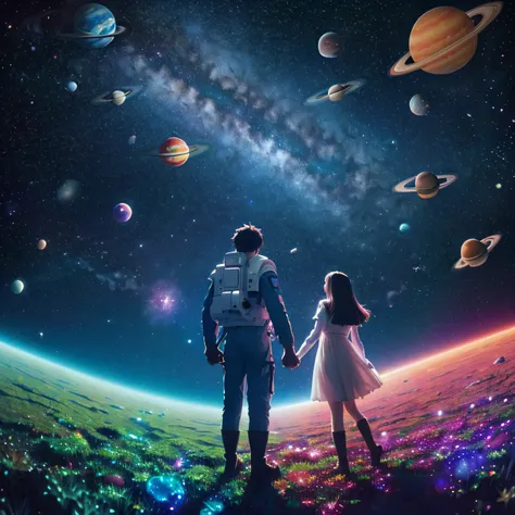 particles floating,Fantasy,Different world,Psychedelic Art,((Colorful stars in outer space)),((A man and a woman in space suits are floating while holding hands)),((Some planets)),((Wide-angle angle of view)),((Ghibli anime style)),