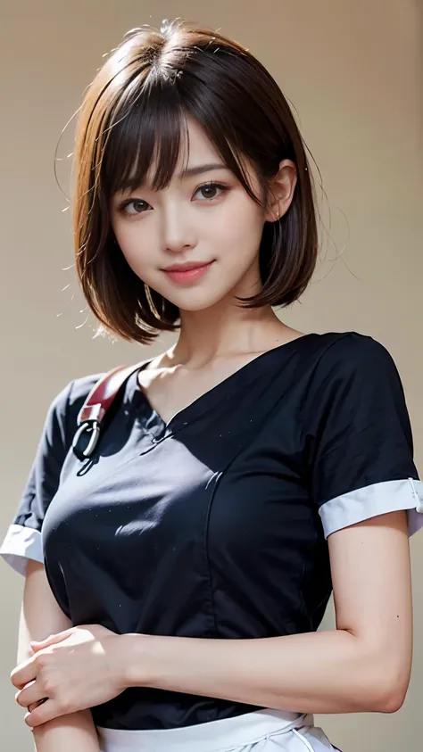 ((Highest quality、masterpiece、High resolution))、(((Zoom photo of upper body)))、(A shy smile:1.2)、One person female、Beautiful Skin、Beautiful Eyes、Large Breasts、Nurse uniform、Brown Hair、Shorn bangs、Short Bob