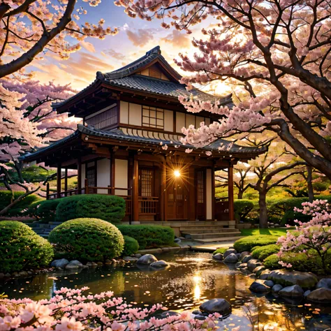 A detailed, lush Edo-period garden at sunset, sakura flowers in bloom, a serene and beautiful natural landscape, (best quality,4k,8k,highres,masterpiece:1.2),ultra-detailed,(realistic,photorealistic,photo-realistic:1.37),intricate details,vibrant colors,dr...