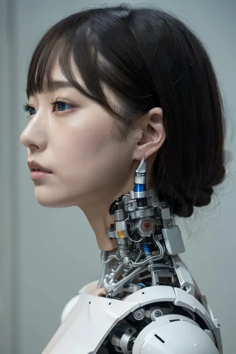 masterpiece, best quality, extremely detailed, portrait,Japaese android girl,Plump,a bit chubby,control panels,android,Droid,Mechanical Hand, ,Robot arms and legs, Black hair,Mechanical body,Blunt bangs,White Robotics Parts,perfect robot woman,Charging spo...