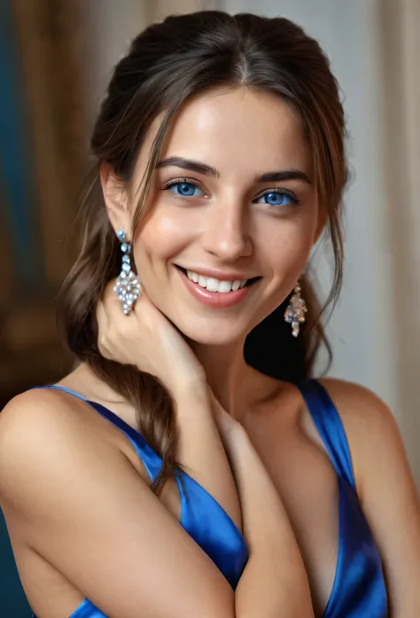 a beautiful young Spanish woman with long brunette hair, ponytail, wearing a shiny blue satin sheath dress with spaghettistraps, necklace, look into the camera, Wait for it, to be kissed, happy smiling facial expression, perfect blue eyes, extremely detail...