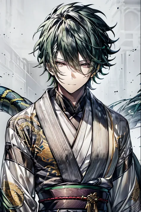 (masterpiece, best quality, perfect face, expressive eyes), 1boy, (male), green hair, yellow eyes, white kimono, snake motifs, g...