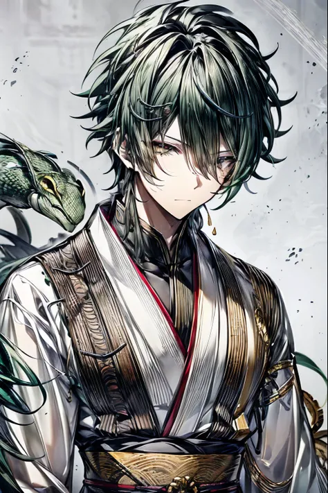 (masterpiece, best quality, perfect face, expressive eyes), 1boy, (male), green hair, yellow eyes, white kimono, snake motifs, g...