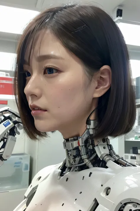 masterpiece, best quality, extremely detailed, portrait,Japaese android girl,Plump,a bit chubby,control panels,android,Droid,Mechanical Hand, ,Robot arms and legs, Black hair,Mechanical body,Blunt bangs,White Robotics Parts,perfect robot woman,Charging spo...