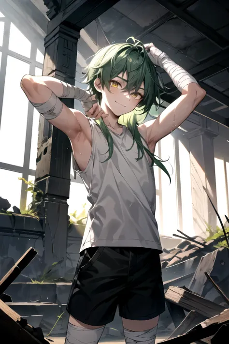 1 boy, long wet green hair, tied with a black ribbon. He has a fair complexion, yellow eyes, bandages on hands, calm look and sarcastic smile, sleeveless shirt with holes, Shorts. Standing looking in an upward perspective, with arms behind head. In a place...