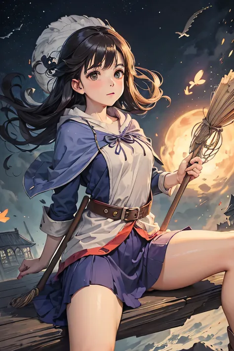 (masterpiece, highest quality:1.2),1 girl,perfect face,cute, ((((flying witch))),((Ride a broom)),broom flight,Straddling the broom,anatomically correct,masterpiece,highest quality,The highest masterpiece,8k,,wind,fantasy,,wonderful,, Mysterious, Charm, Wh...