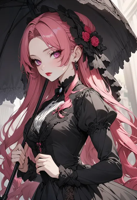 anime girl, hot pink hair, pink eyes, black dress, elegant, beautiful,  holding a black umbrella, victorian era, ultra detailed,...