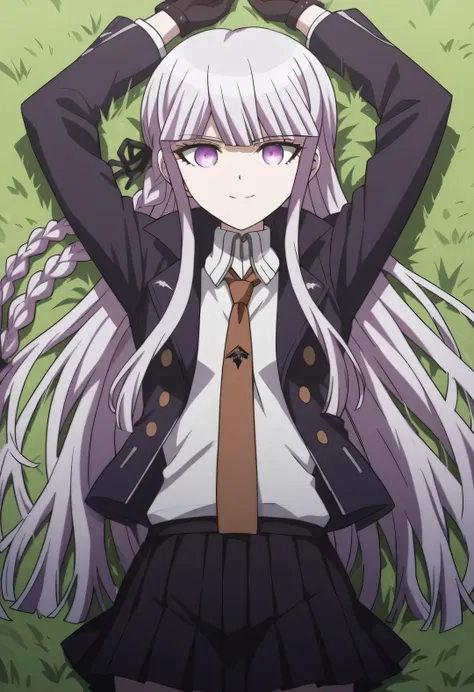 kyouko kirigiri, long hair, bangs, ribbon, purple eyes, hair ribbon, purple hair, braid, single braid, side braid, skirt, shirt, gloves, long sleeves, jacket, white shirt, pleated skirt, open clothes, necktie, collared shirt, black skirt, open jacket, blac...