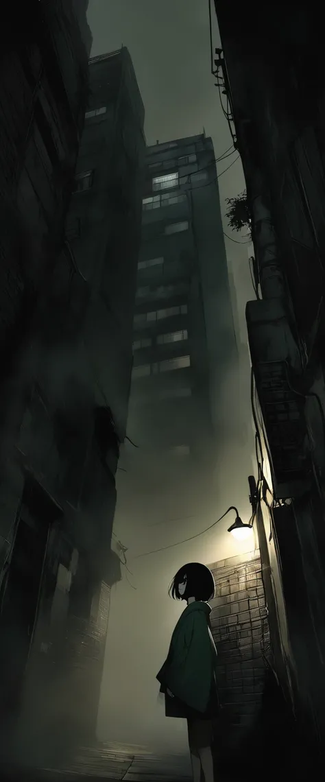Shiny dark green silk kimono。,Walking in the fog。Black belt。Expressionless。Young elementary school student。Short。Black medium hair。Close-up on upper body。Gazing at the audience。black eye。One person。darkness。Spooky atmosphere。Japan。Concrete city。Narrow Alle...