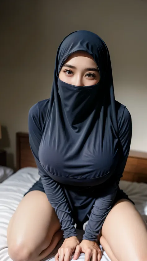  a beautiful young woman hijab, (((super big breast))), (very big breast covered) perfect face, (((very huge big breast,))), ((( Big Breast))), naked, nude, no clothes, breast exposed, pussy exposed, (((covering mouth, long veil))), Slim Face、30 years old,...