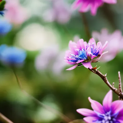 delicate fluffy blue flowers, thin branches, light green leaves, small pink buds, dreamy atmosphere, soft lighting, blurred background, vibrant colors, close-up shot, nature photography, serene mood, shallow depth of field, botanical beauty, detailed textu...