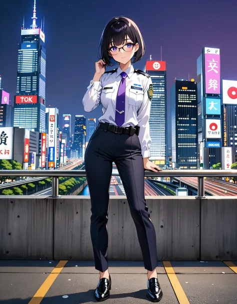 masterpiece, best quality, medium breasts, cute and attractive woman, solo, (jet black hair, short hair, bob hair, purple eyes, bangs), (full body), city backdrop, tokyo city backdrop, solo, solo focus, standing, japanese police uniform, glasses, (white sh...