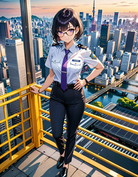 masterpiece, best quality, medium breasts, cute and attractive woman, solo, (jet black hair, short hair, bob hair, purple eyes, bangs), (full body), city backdrop, tokyo city backdrop, solo, solo focus, standing, japanese police uniform, glasses, (white sh...