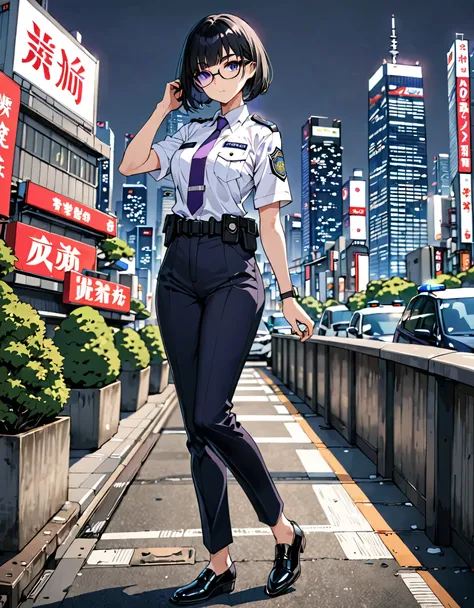 masterpiece, best quality, medium breasts, cute and attractive woman, solo, (jet black hair, short hair, bob hair, purple eyes, bangs), (full body), city backdrop, tokyo city backdrop, solo, solo focus, standing, japanese police uniform, glasses, (white sh...