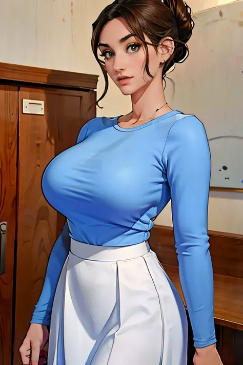 Gorgeous and sultry busty athletic (happy) brunette with sharp facial features, athletic bun, large breasts and a (large nose) wearing a loose light blue top, low-cut wide neck, loose sleeves, white skirt