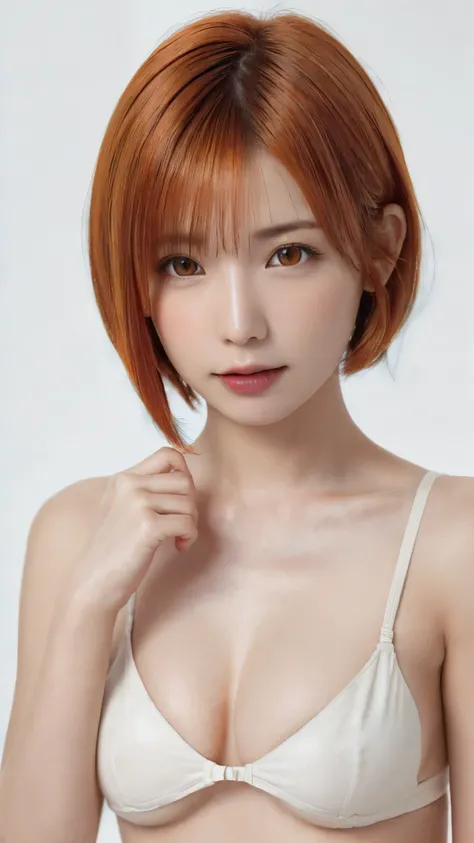 ((Close-up of face facing forward:1.6)、((Orange hair with short cut:1.5))、((Squint your eyes and tilt your head slightly upwards:1.6))、((Naked Women:1.5))、((No underwear:1.5))、((Small and flat chest:1.7))、((Short bob cut with orange hair:1.4))、((Apply beau...