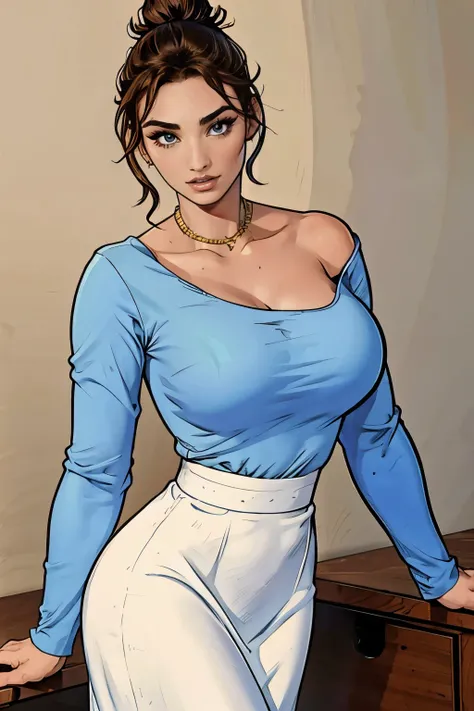 Gorgeous and sultry busty athletic (happy) brunette with sharp facial features, athletic bun, large breasts and a (large nose) wearing a loose light blue top, low-cut wide neck, loose sleeves, white skirt