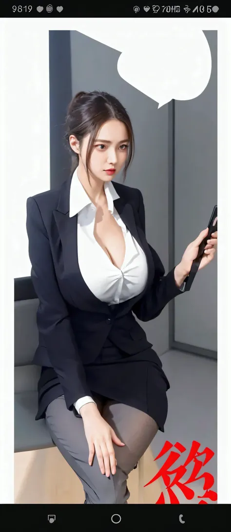 Busty girl in business suit sitting on a chair with a cell phone, wearing a strict business suit, in a strict suit, in strict suit, (sfw) safe for work, anya from spy x family, in a business suit, business woman, girl in a suit, seductive anime girl, femal...