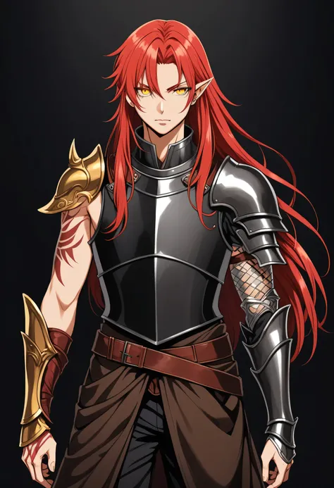 Elfo, long red hair,  yellow eye,  tattoo on left arm, leather armour, black backdrop, anime styling, scar on the right eye. 
