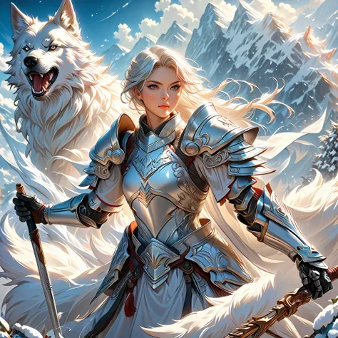 ((highest quality)),(Ultra-high resolution),(Very detailed),(Detailed Description),((The best CG)),(A masterpiece),Ultra-precise art,Amazing drawing art,(Fantasy art with intricate detail:1.5), (Whitewolf:1.5),(white Armor:1.5), best quality,hd, detailed f...