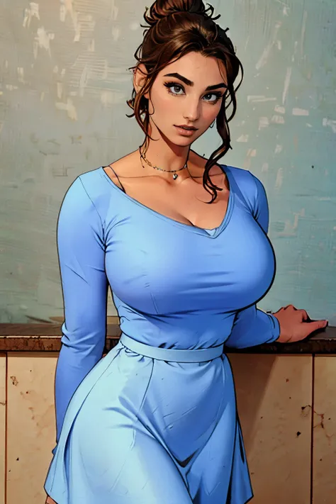 Gorgeous and sultry busty athletic (happy) brunette with sharp facial features, athletic bun, large breasts and a (large nose) wearing a loose light blue top, low-cut wide neck, loose sleeves, white skirt