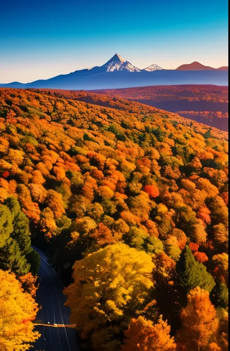 majestic mountain, snow-capped peak, autumn foliage, red and yellow leaves, evergreen trees, natural scenery, outdoor, crisp and clear sky, sunrise or sunset lighting, warm hues on the horizon, serene and tranquil atmosphere, foreground focus, distant moun...