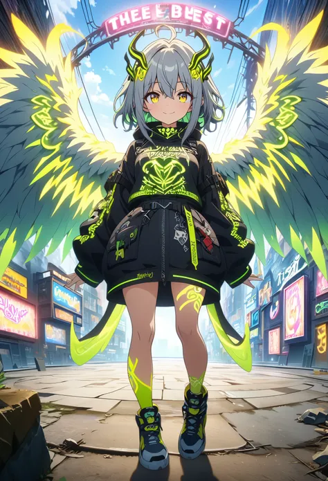 masterpiece, Highest quality, Highly detailed CG Unity 8K wallpapers, One Girl, Anime screenshots, Full body neon green tattoos, Big wings of neon lights, The best smile, Depth of written boundary, Gray Hair, Yellow Eyes, Fisheye Lens、