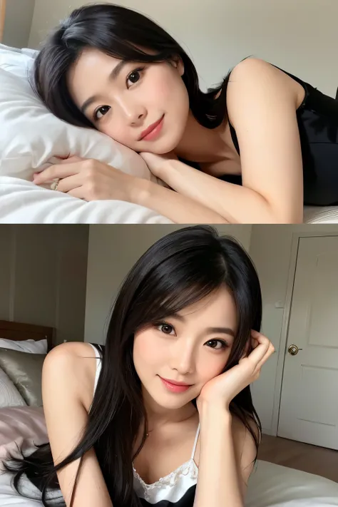 A Japanese beauty in her 30s who has the features of a newscaster and is classy and elegant, at the same time cute and approachable. She is lying on the bed, her long black hair neatly styled and wearing a silk dress. The atmosphere inside is warm and invi...